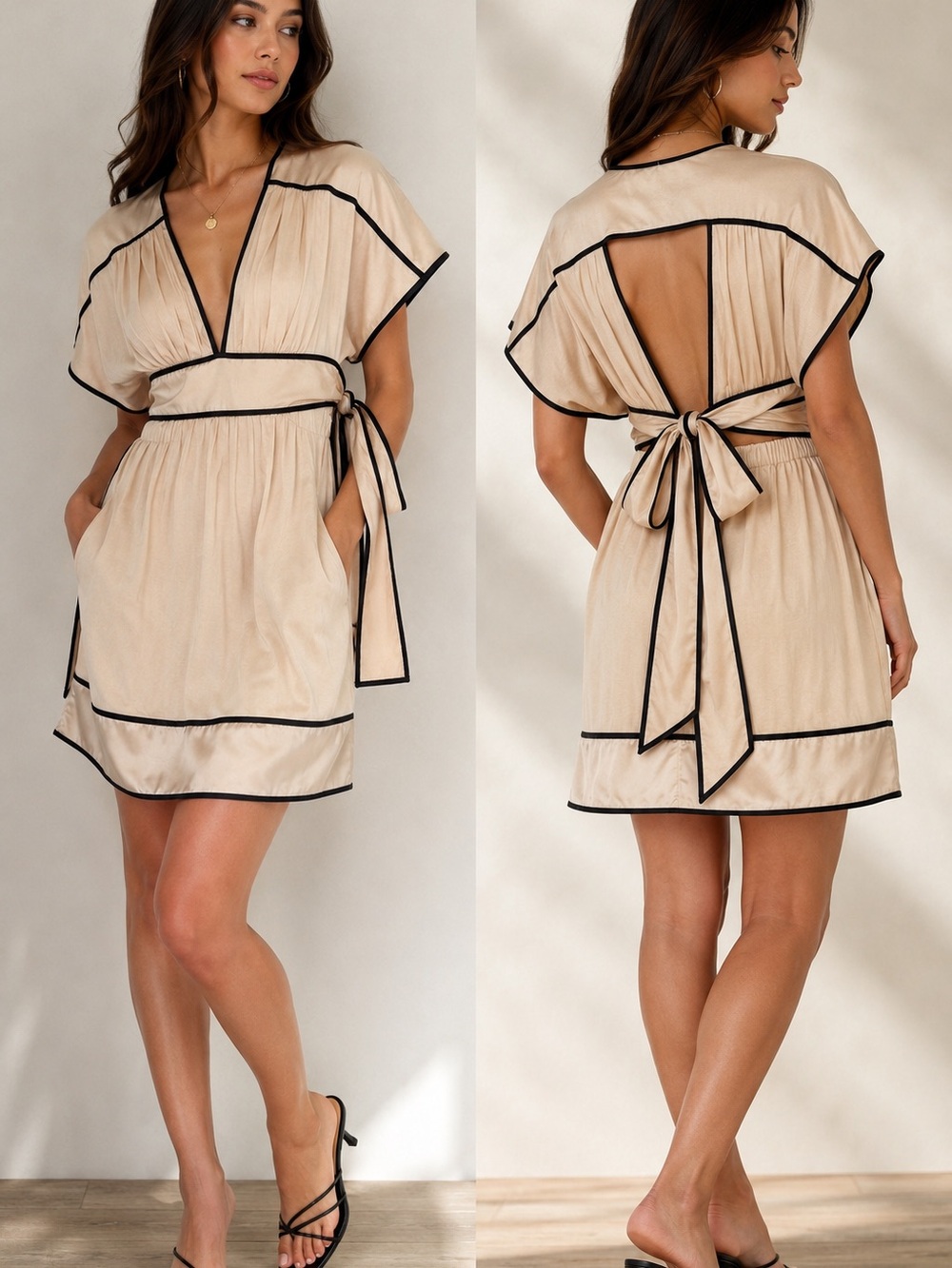 Urban Behavior Champagne Open Back Tie Dress | Contrast Trim | Size M